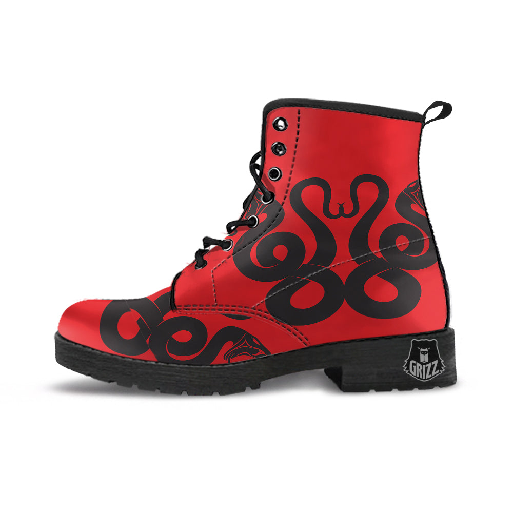 Red And Black Snakes Sign Print Leather Boots-grizzshop