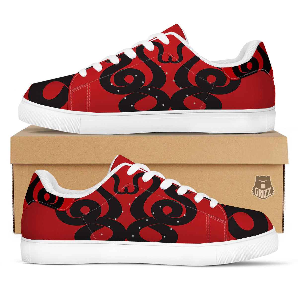 Red And Black Snakes Sign Print White Low Top Sneakers-grizzshop
