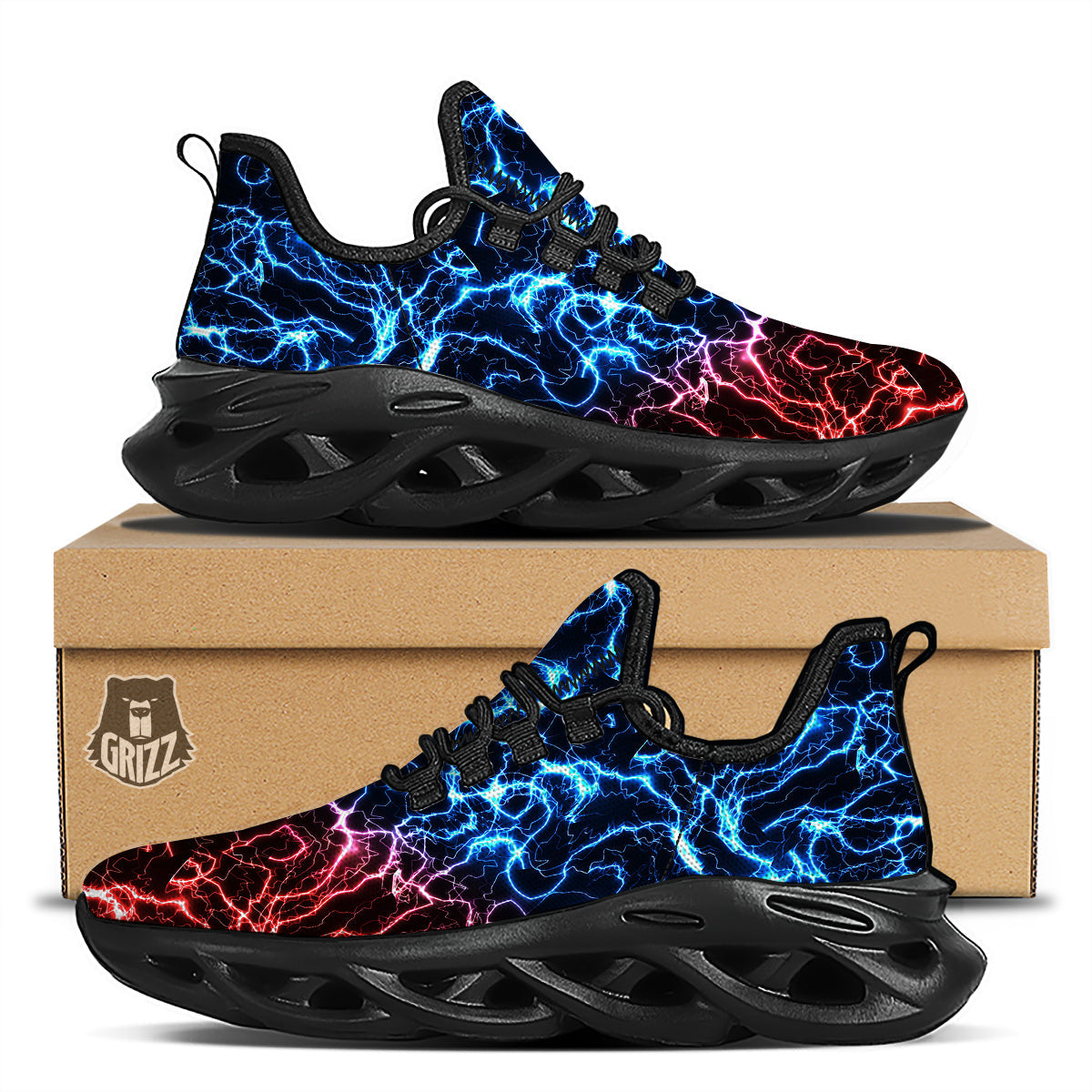 Red And Blue Electrical Print Black Running Shoes-grizzshop