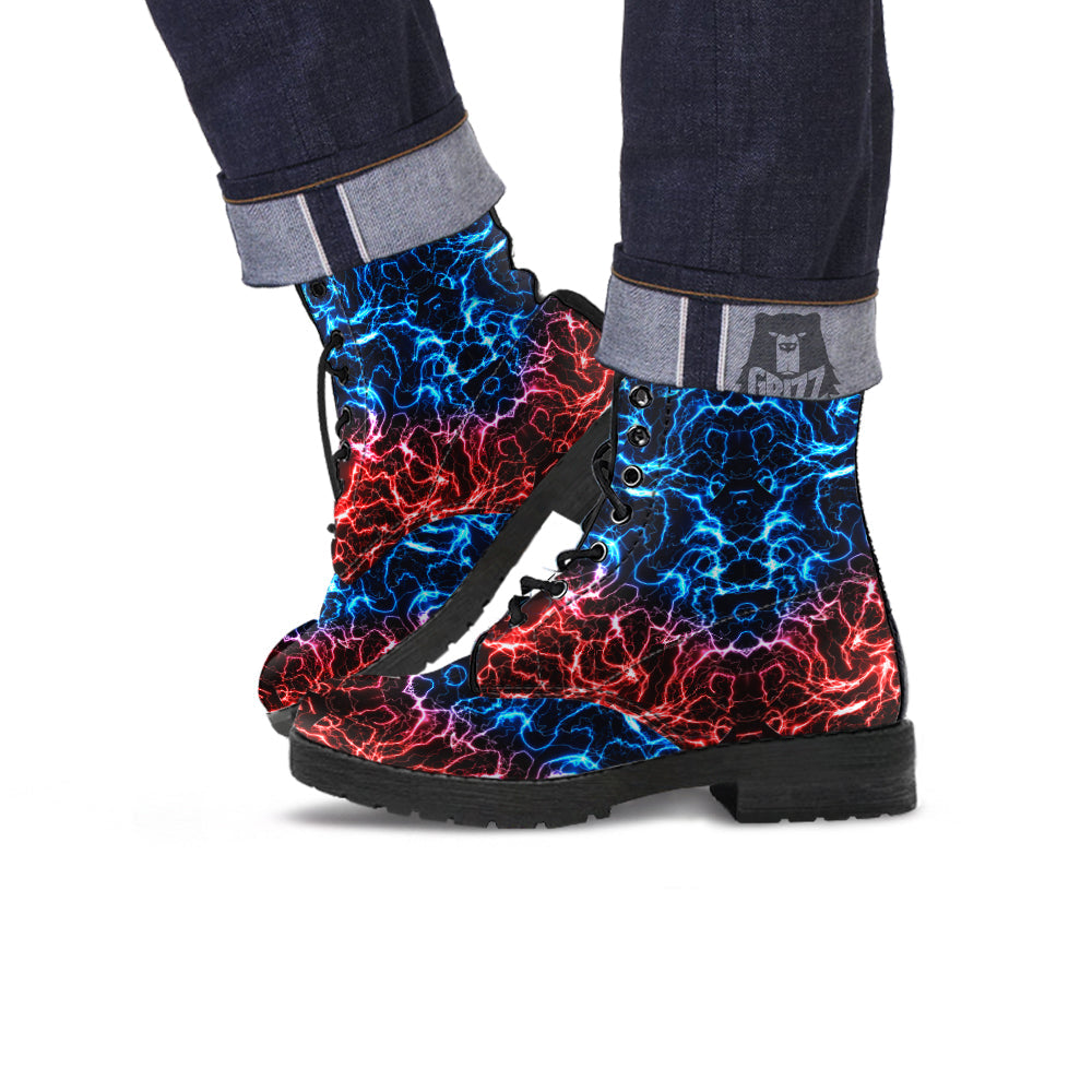 Red And Blue Electrical Print Leather Boots-grizzshop