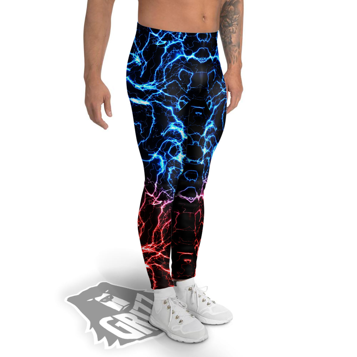 Red And Blue Electrical Print Men's Leggings-grizzshop