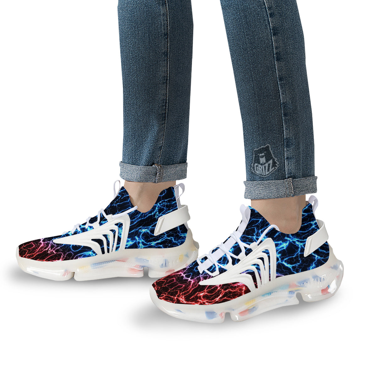 Red And Blue Electrical Print White Gym Shoes-grizzshop