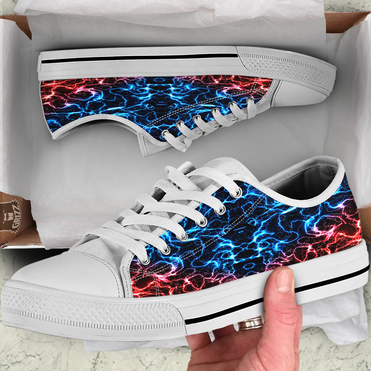 Red And Blue Electrical Print White Low Top Shoes-grizzshop