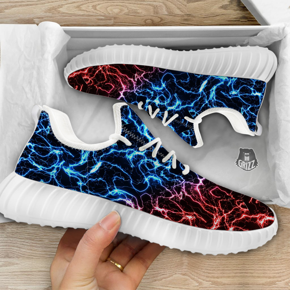 Red And Blue Electrical Print White Walking Shoes-grizzshop