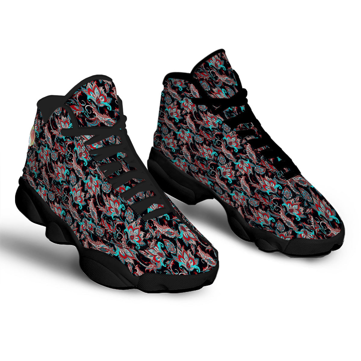 Red And Blue Neon Paisley Floral Print Pattern Black Basketball Shoes-grizzshop