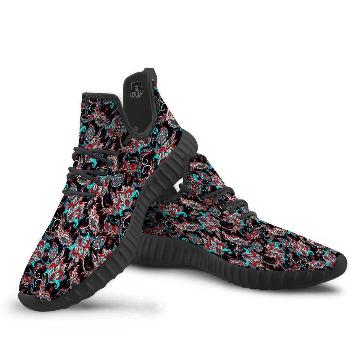 Red And Blue Neon Paisley Floral Print Pattern Black Walking Shoes-grizzshop