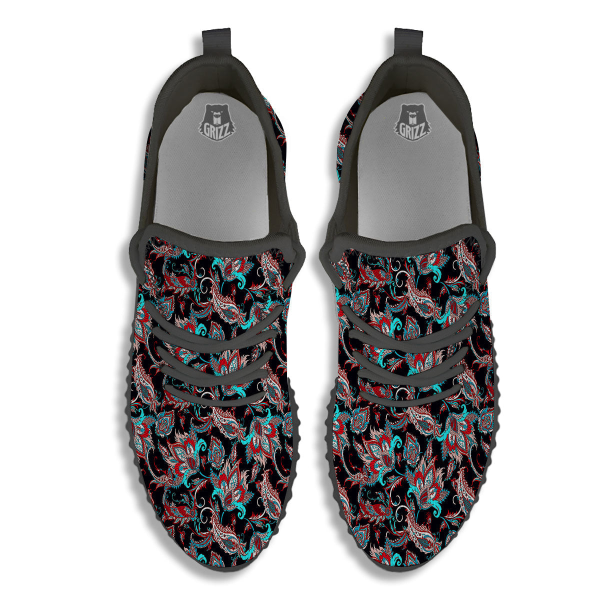 Red And Blue Neon Paisley Floral Print Pattern Black Walking Shoes-grizzshop