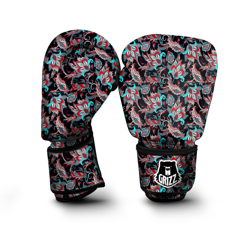 Red And Blue Neon Paisley Floral Print Pattern Boxing Gloves-grizzshop