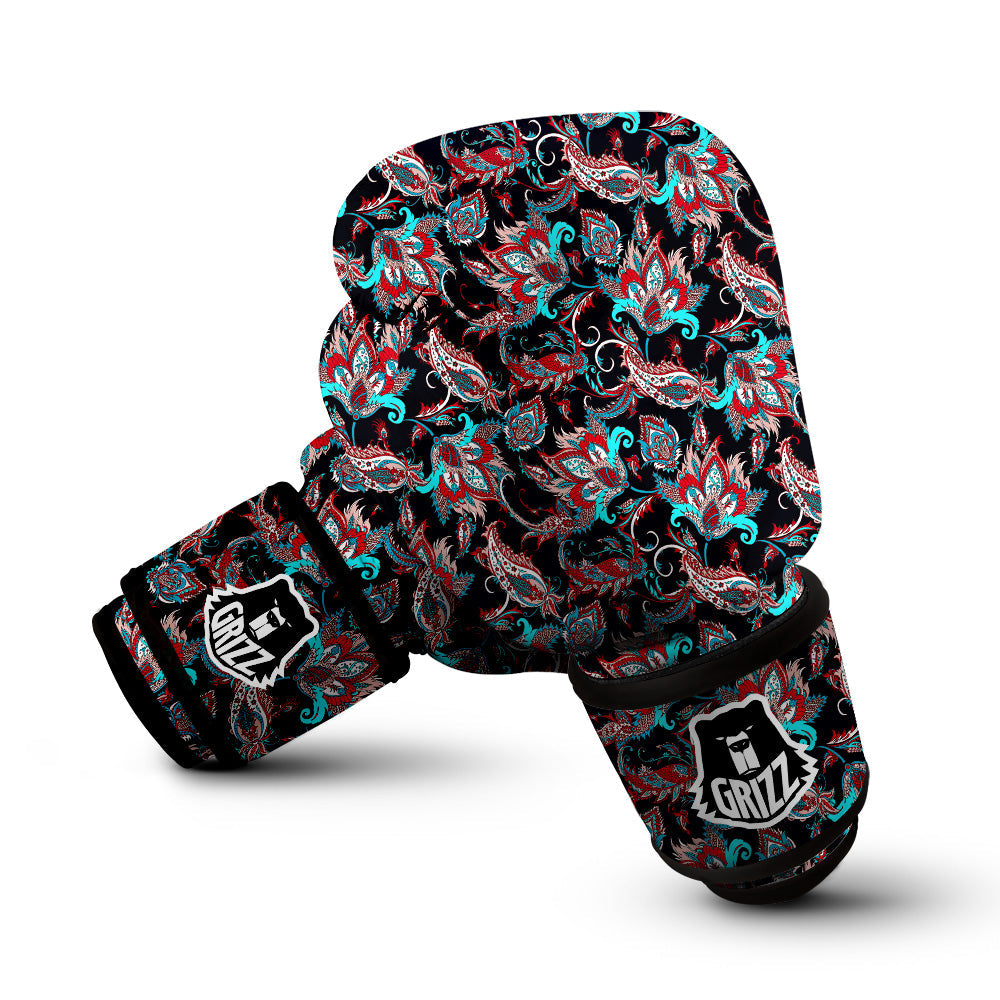 Red And Blue Neon Paisley Floral Print Pattern Boxing Gloves-grizzshop