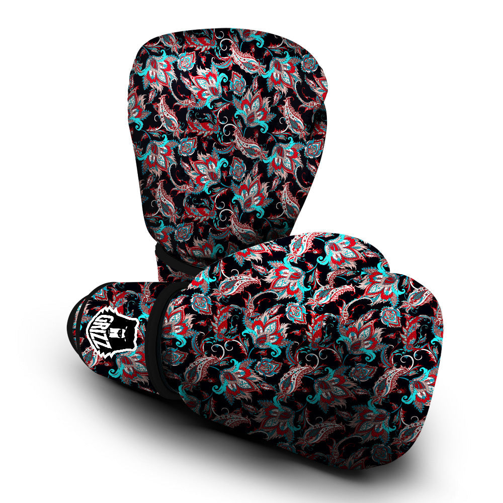 Red And Blue Neon Paisley Floral Print Pattern Boxing Gloves-grizzshop