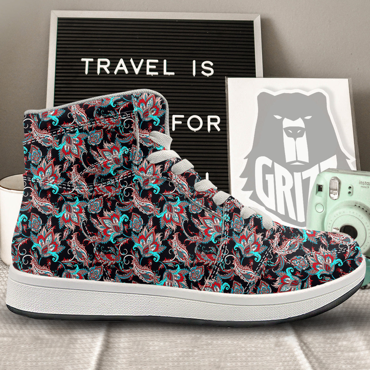 Red And Blue Neon Paisley Floral Print Pattern High Top Sneakers-grizzshop