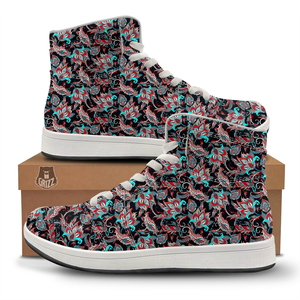 Red And Blue Neon Paisley Floral Print Pattern High Top Sneakers-grizzshop