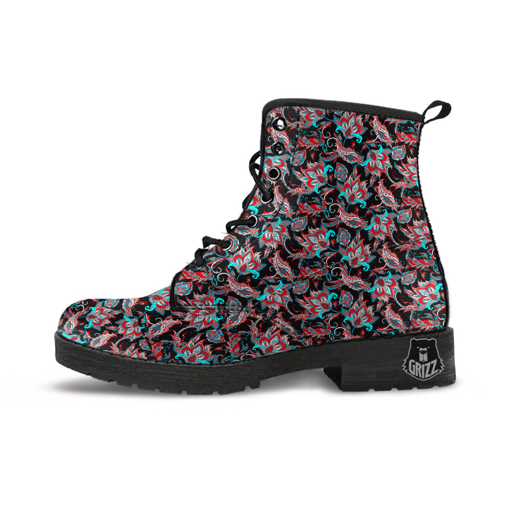 Red And Blue Neon Paisley Floral Print Pattern Leather Boots-grizzshop
