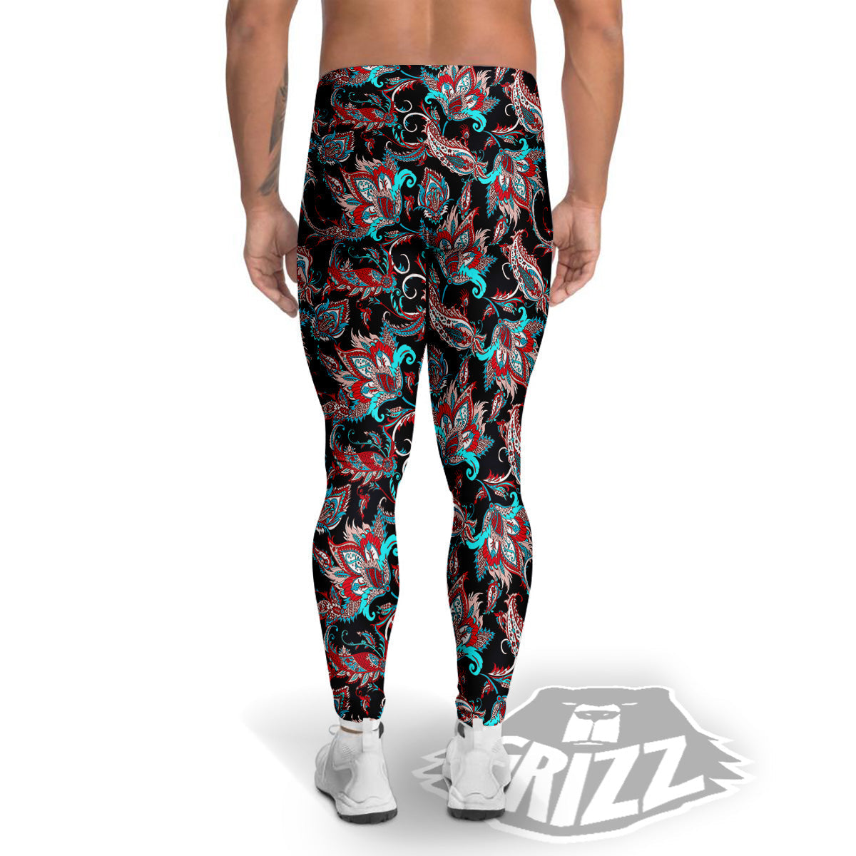 Red And Blue Neon Paisley Floral Print Pattern Men's Leggings-grizzshop