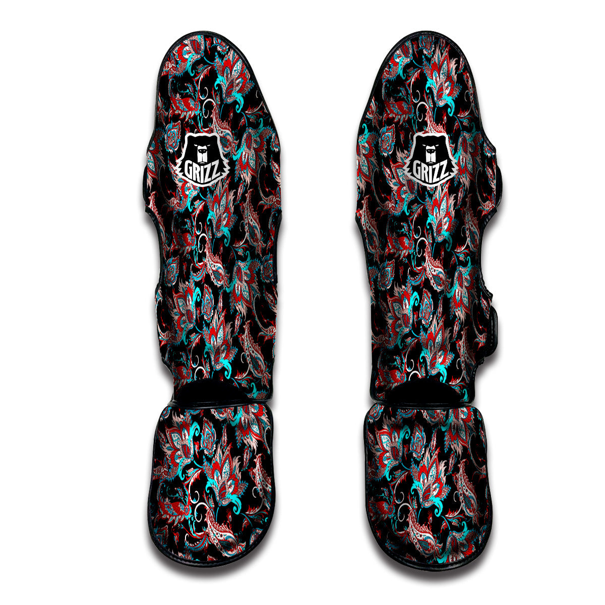 Red And Blue Neon Paisley Floral Print Pattern Muay Thai Shin Guards-grizzshop