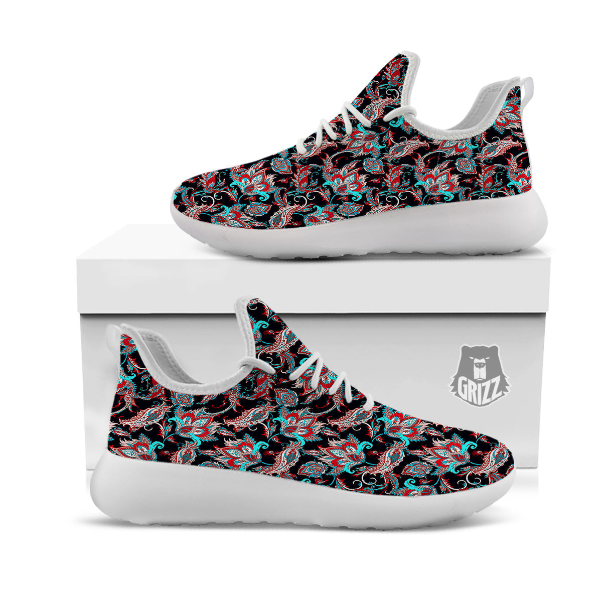 Red And Blue Neon Paisley Floral Print Pattern White Athletic Shoes-grizzshop