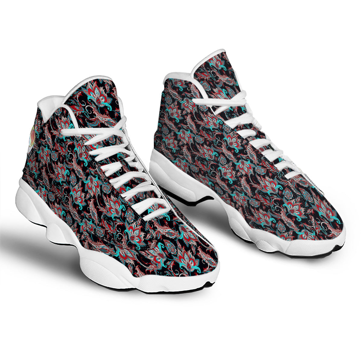 Red And Blue Neon Paisley Floral Print Pattern White Basketball Shoes-grizzshop