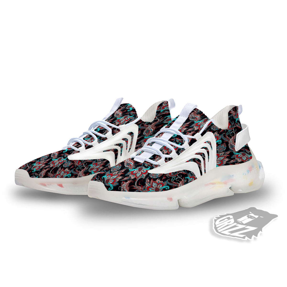 Red And Blue Neon Paisley Floral Print Pattern White Gym Shoes-grizzshop