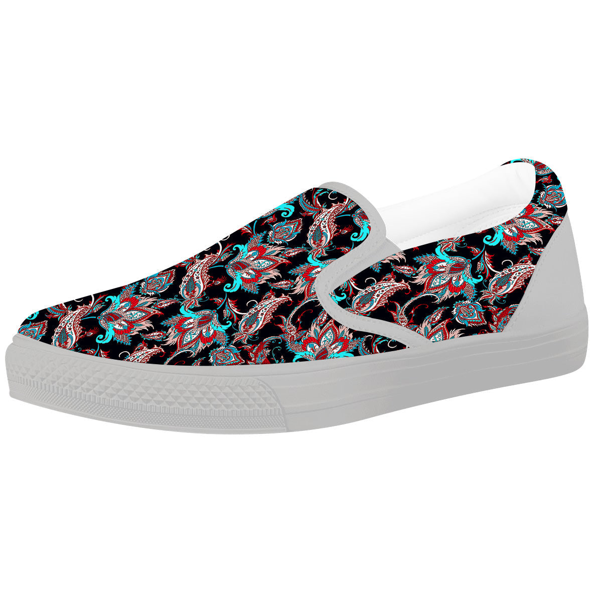 Red And Blue Neon Paisley Floral Print Pattern White Slip On Shoes-grizzshop
