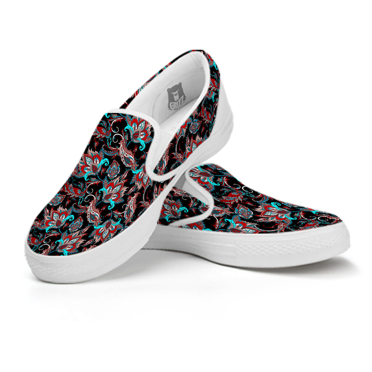 Red And Blue Neon Paisley Floral Print Pattern White Slip On Shoes-grizzshop