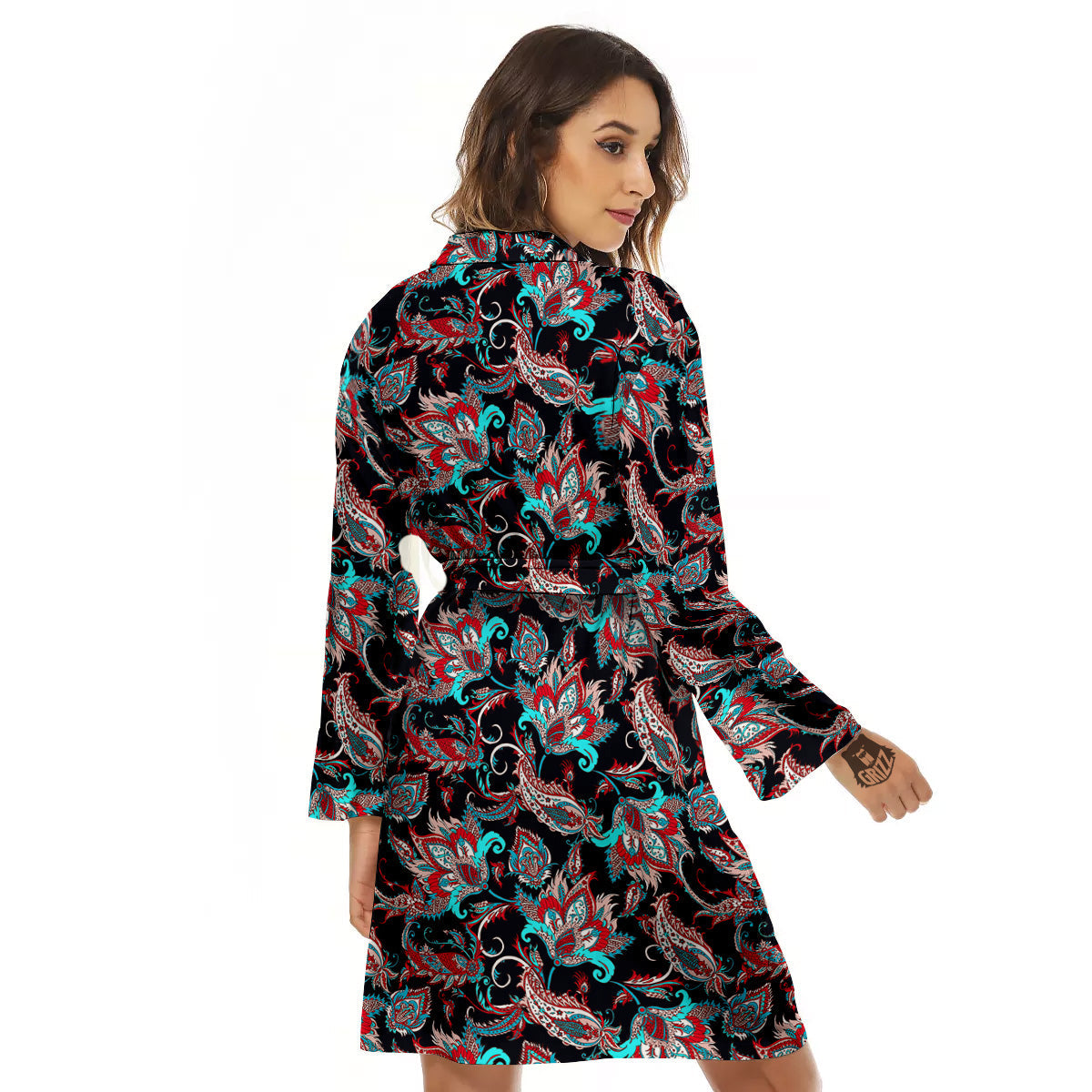 Red And Blue Neon Paisley Floral Print Pattern Women's Robe-grizzshop