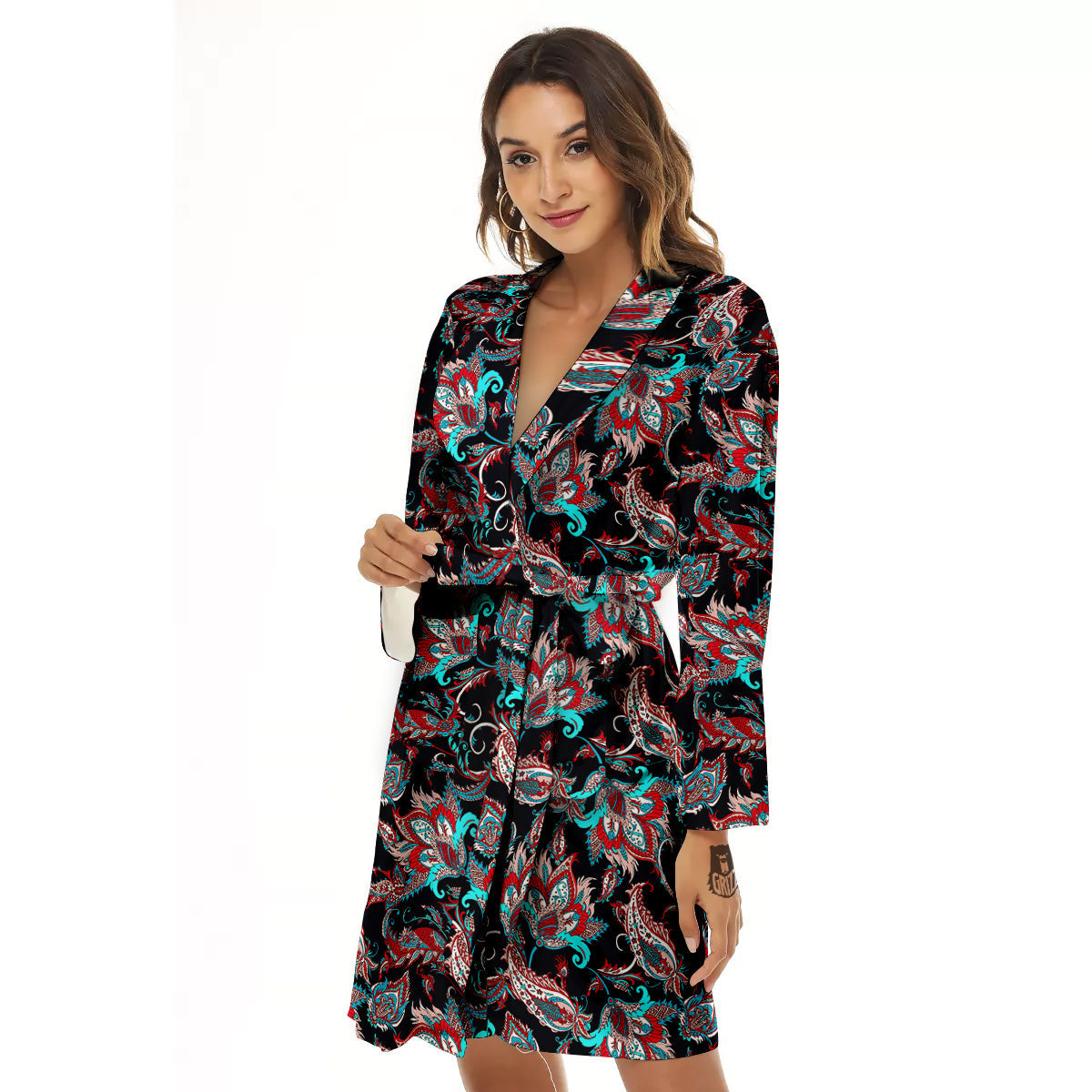 Red And Blue Neon Paisley Floral Print Pattern Women's Robe-grizzshop