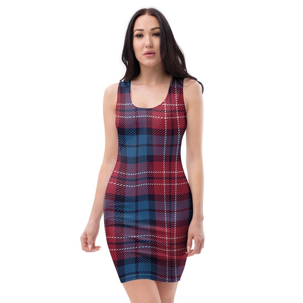 Red And Blue Plaid Tartan Bodycon Dress-grizzshop