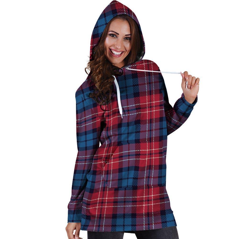 Red And Blue Plaid Tartan Hoodie Dress-grizzshop