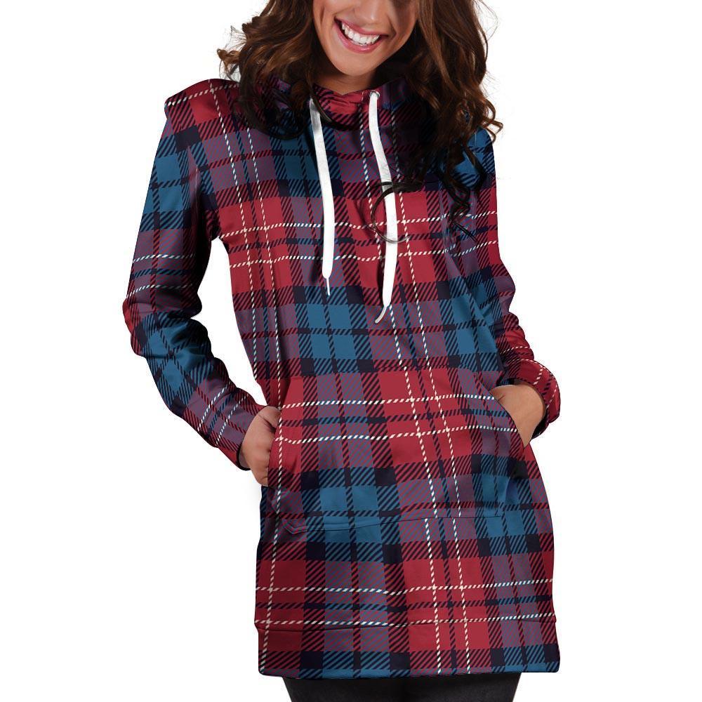 Red And Blue Plaid Tartan Hoodie Dress-grizzshop