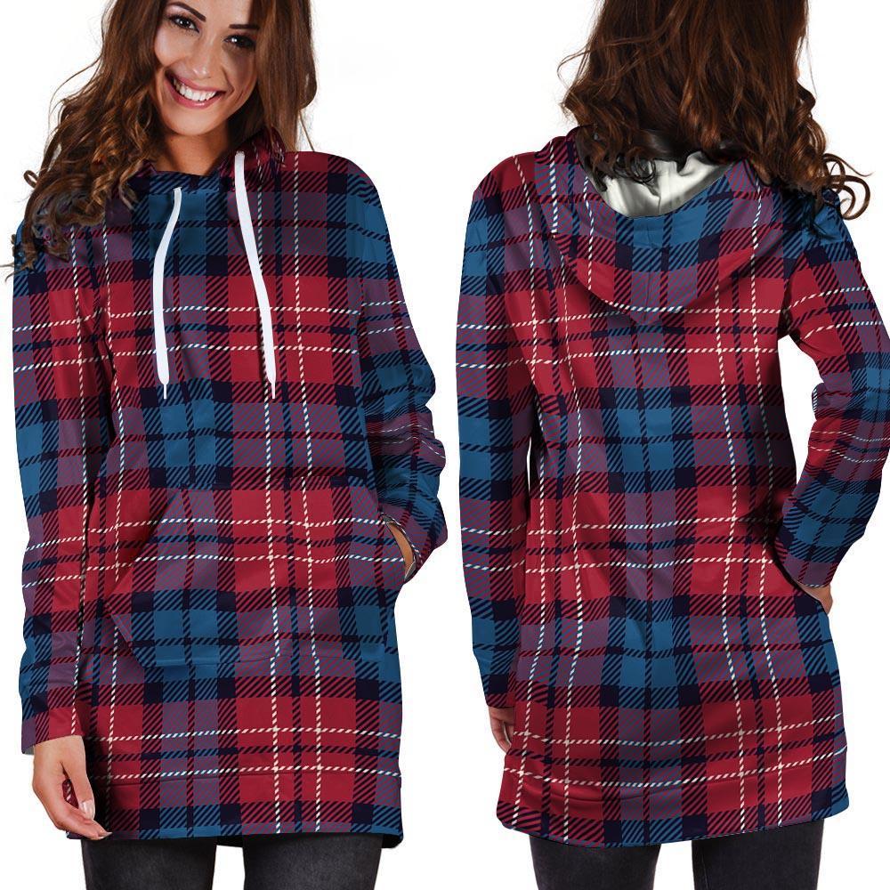 Red And Blue Plaid Tartan Hoodie Dress-grizzshop