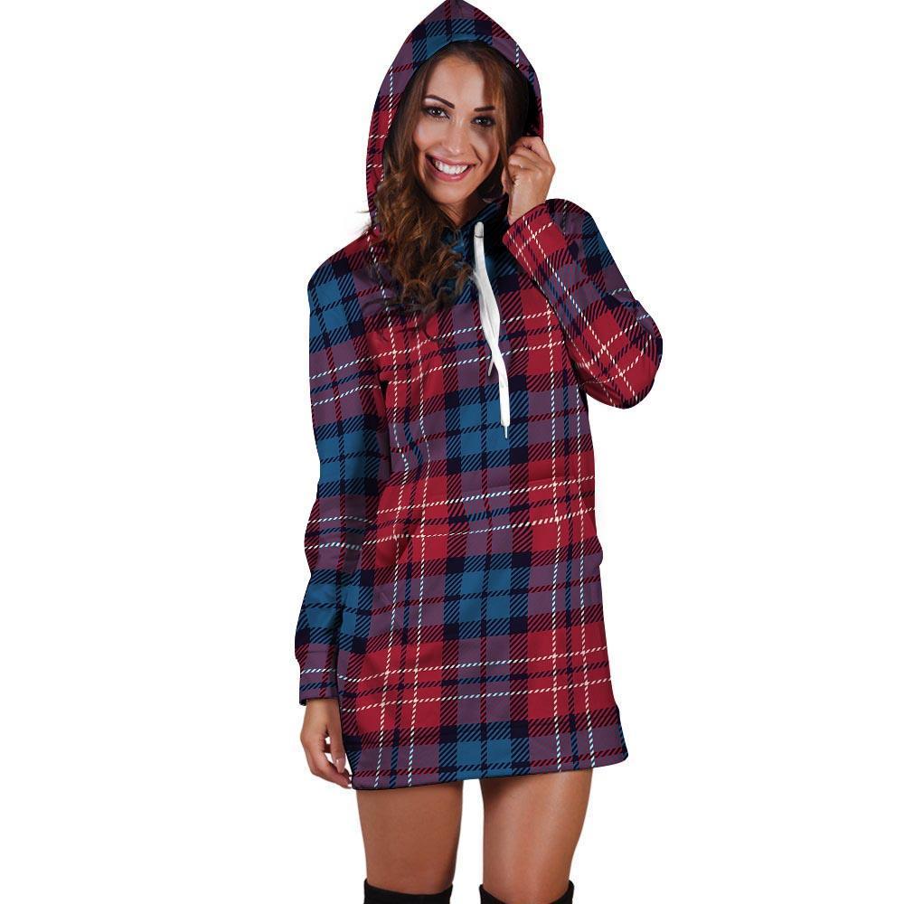 Red And Blue Plaid Tartan Hoodie Dress-grizzshop