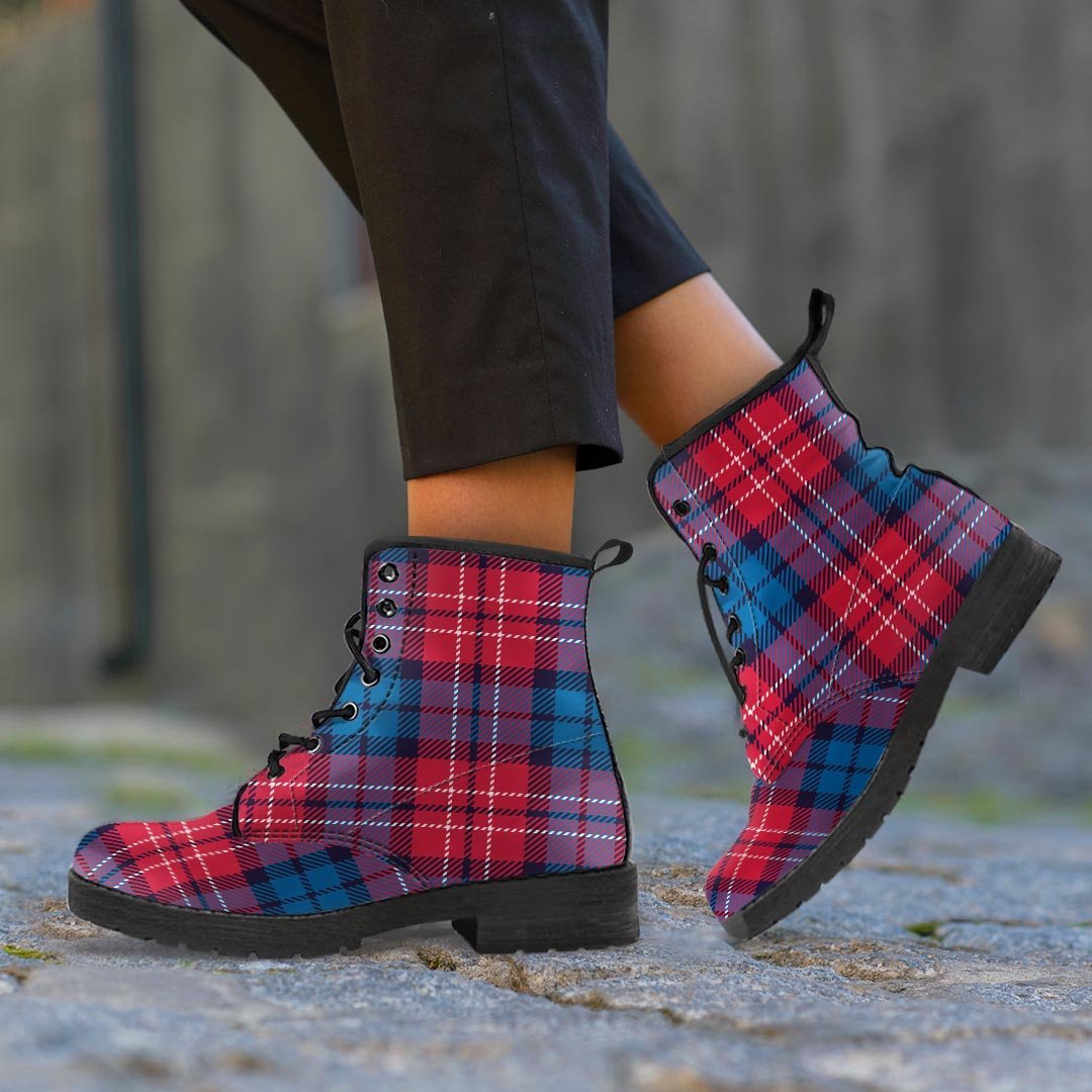 Red And Blue Plaid Tartan Men's Boots-grizzshop