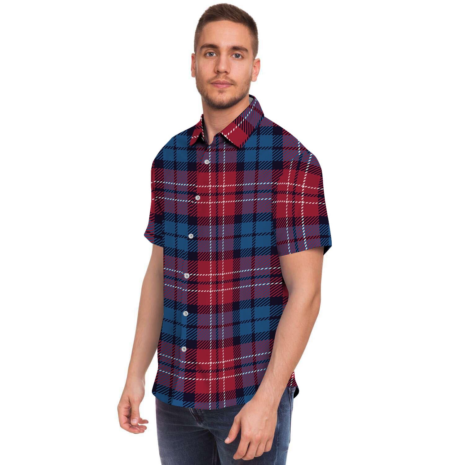 Red And Blue Plaid Tartan Men's Short Sleeve Shirt-grizzshop