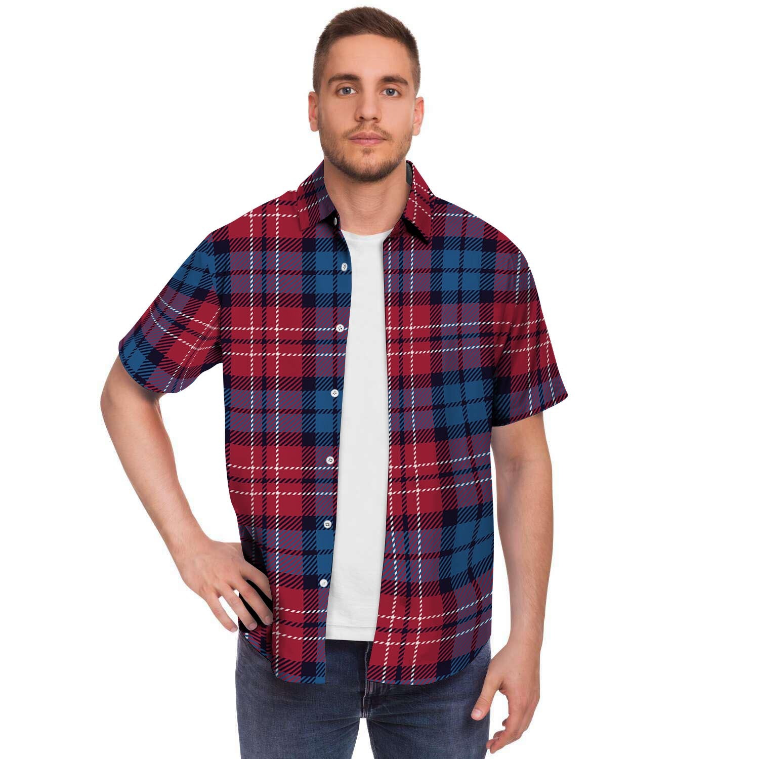 Red And Blue Plaid Tartan Men's Short Sleeve Shirt-grizzshop