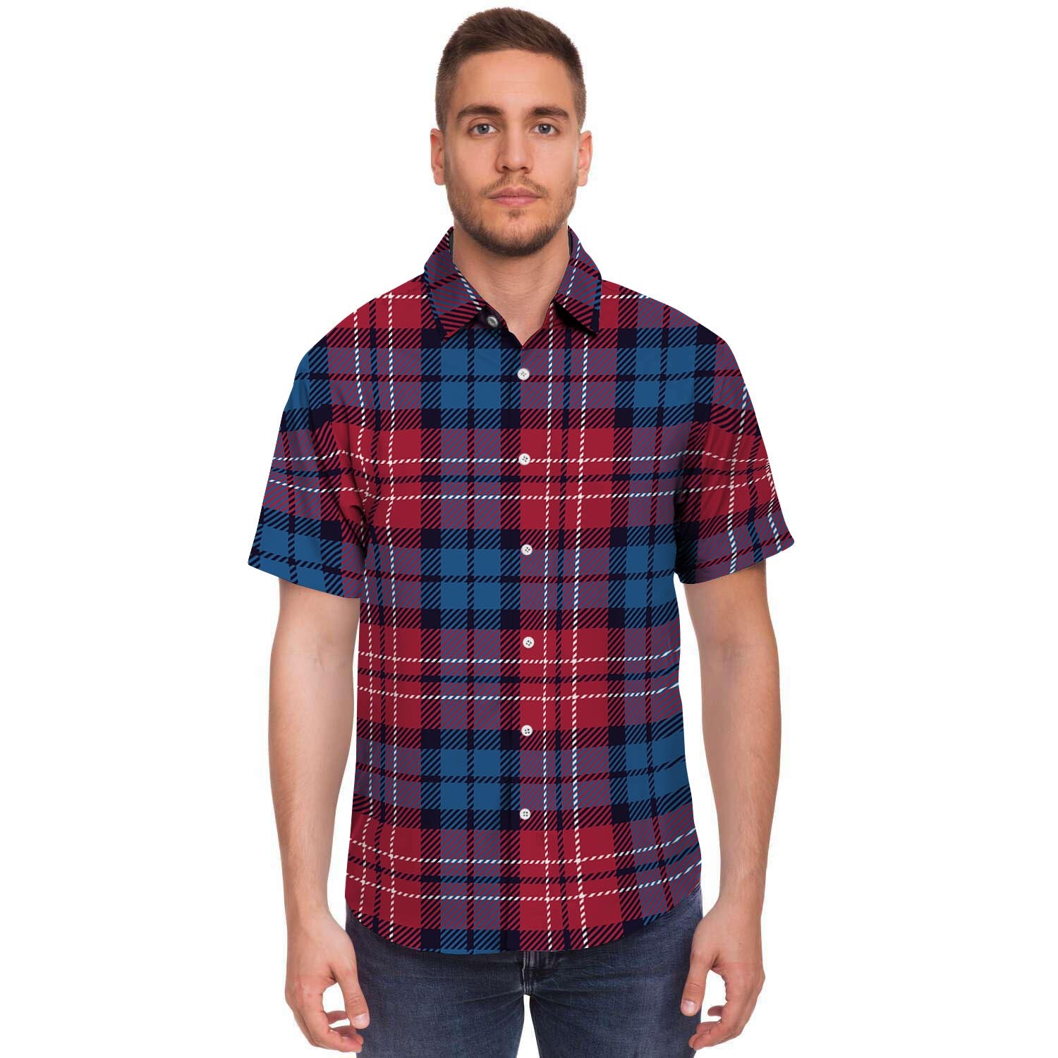 Red And Blue Plaid Tartan Men's Short Sleeve Shirt-grizzshop
