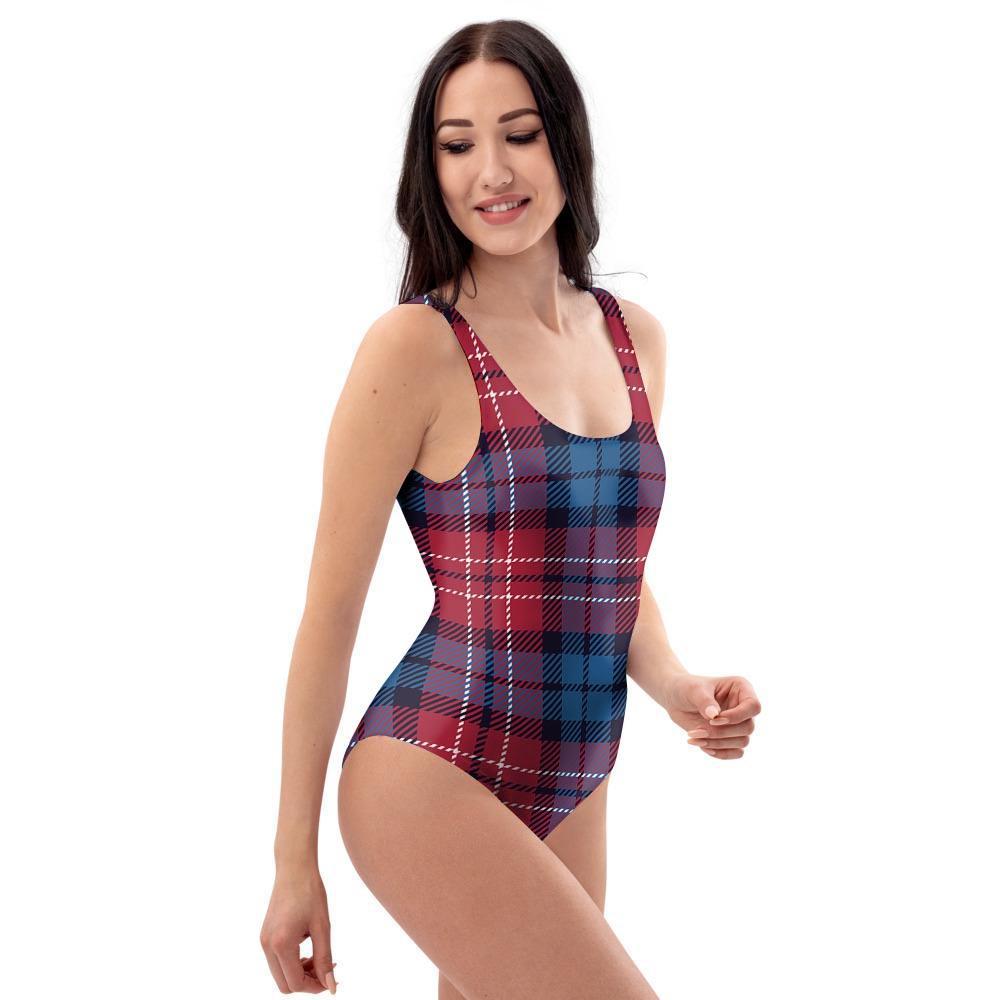 Red And Blue Plaid Tartan One Piece Swimsuite-grizzshop