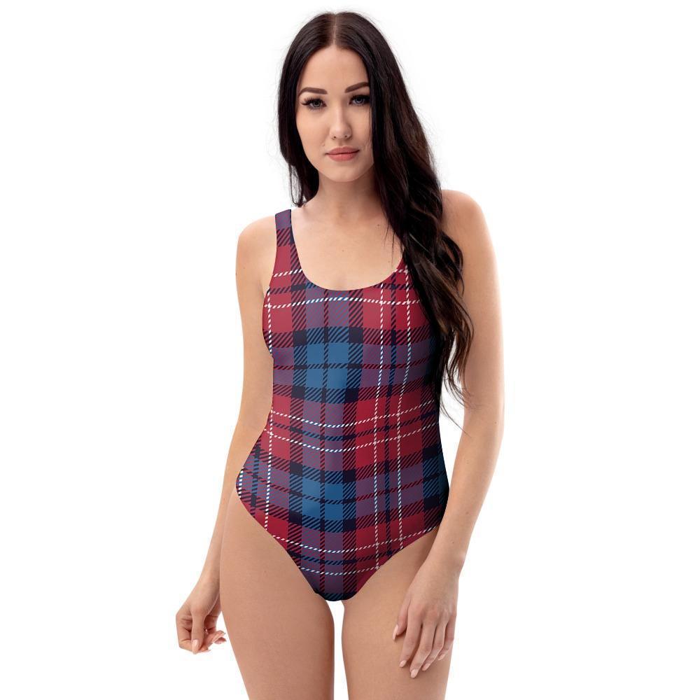 Red And Blue Plaid Tartan One Piece Swimsuite-grizzshop