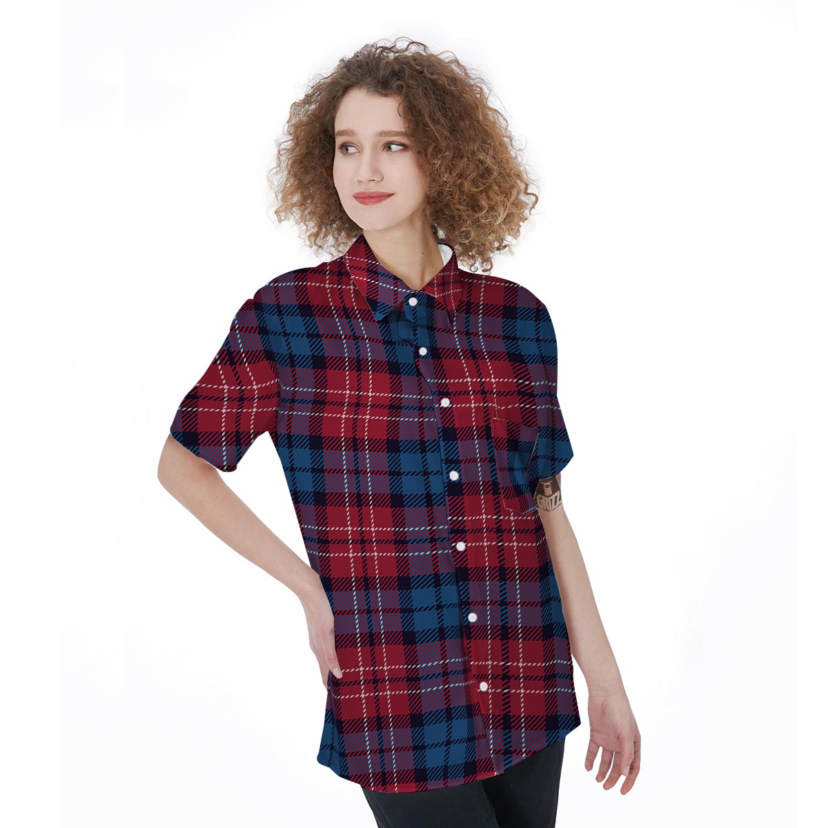 Red And Blue Plaid Tartan Women's Short Sleeve Shirts-grizzshop