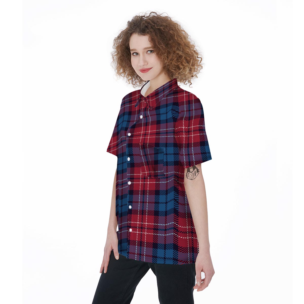 Red And Blue Plaid Tartan Women's Short Sleeve Shirts-grizzshop