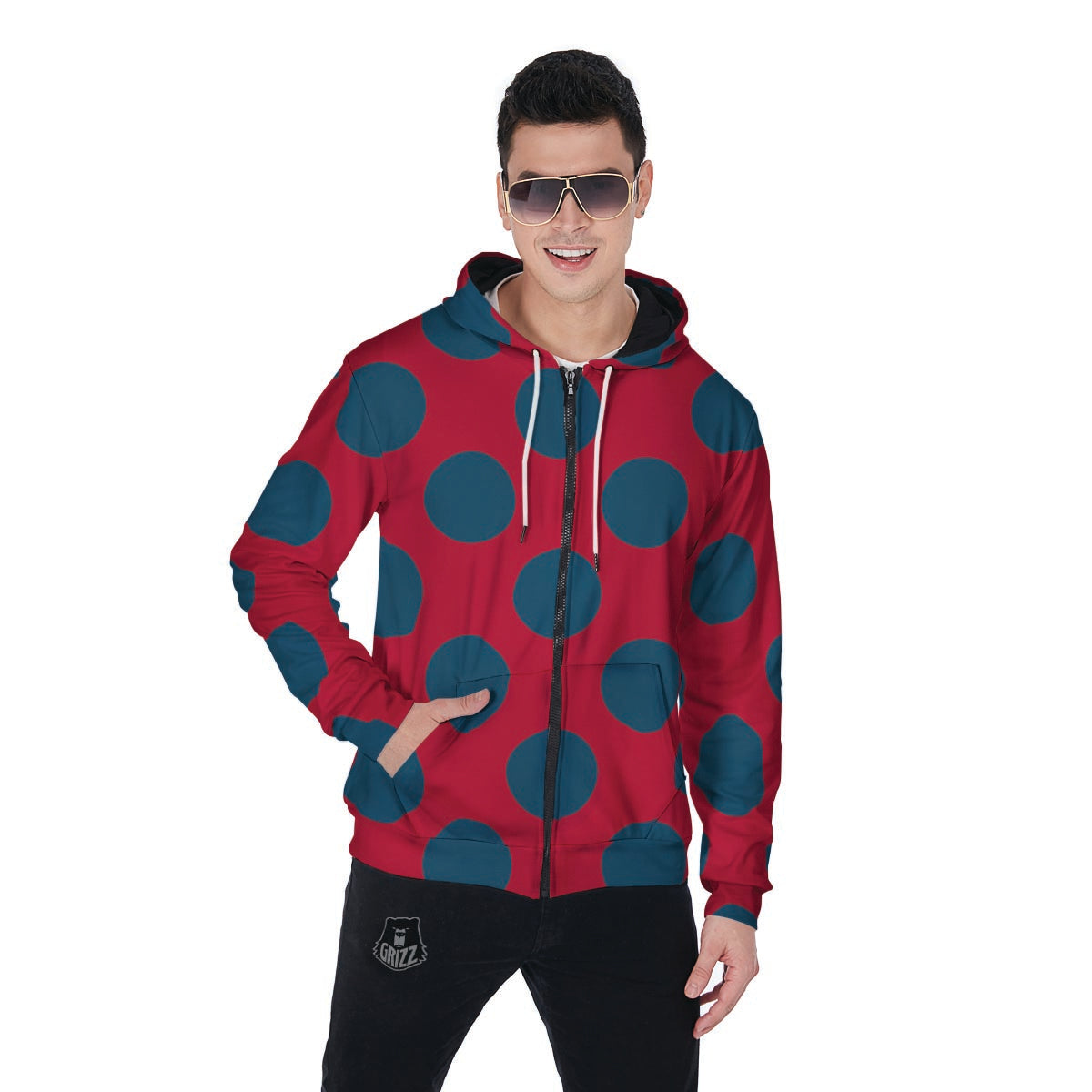 Red And Blue Polka Dot Men's Zip Up Hoodie-grizzshop