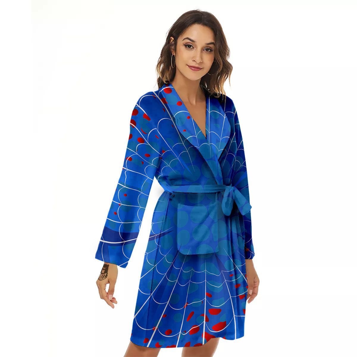 Red And Blue Spider Web Cartoon Print Women's Robe-grizzshop