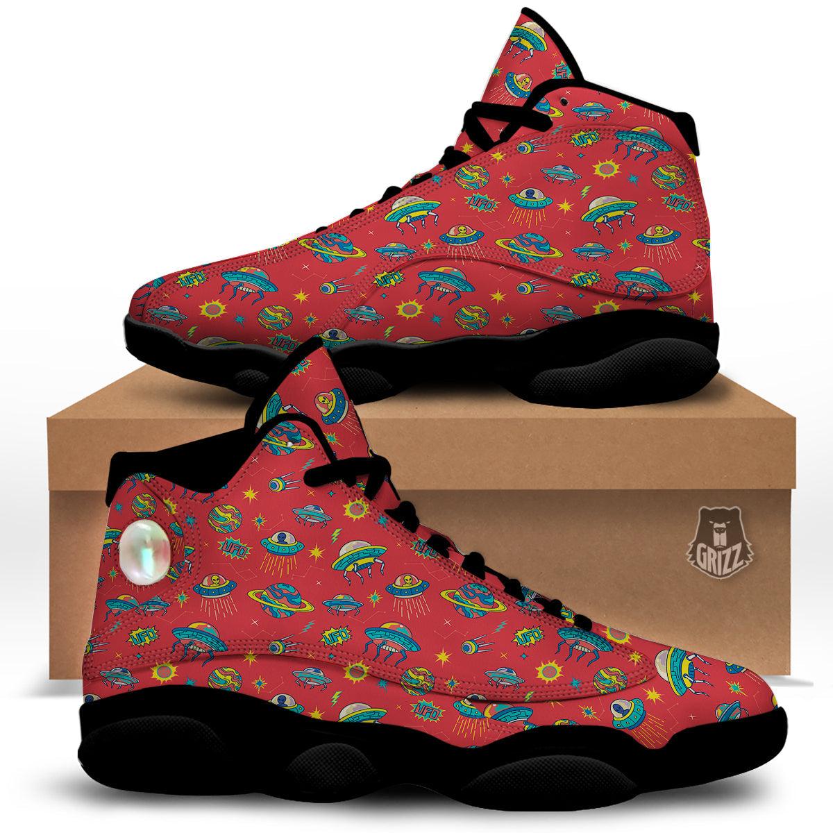 Red And Colorful UFO Print Pattern Black Basketball Shoes-grizzshop