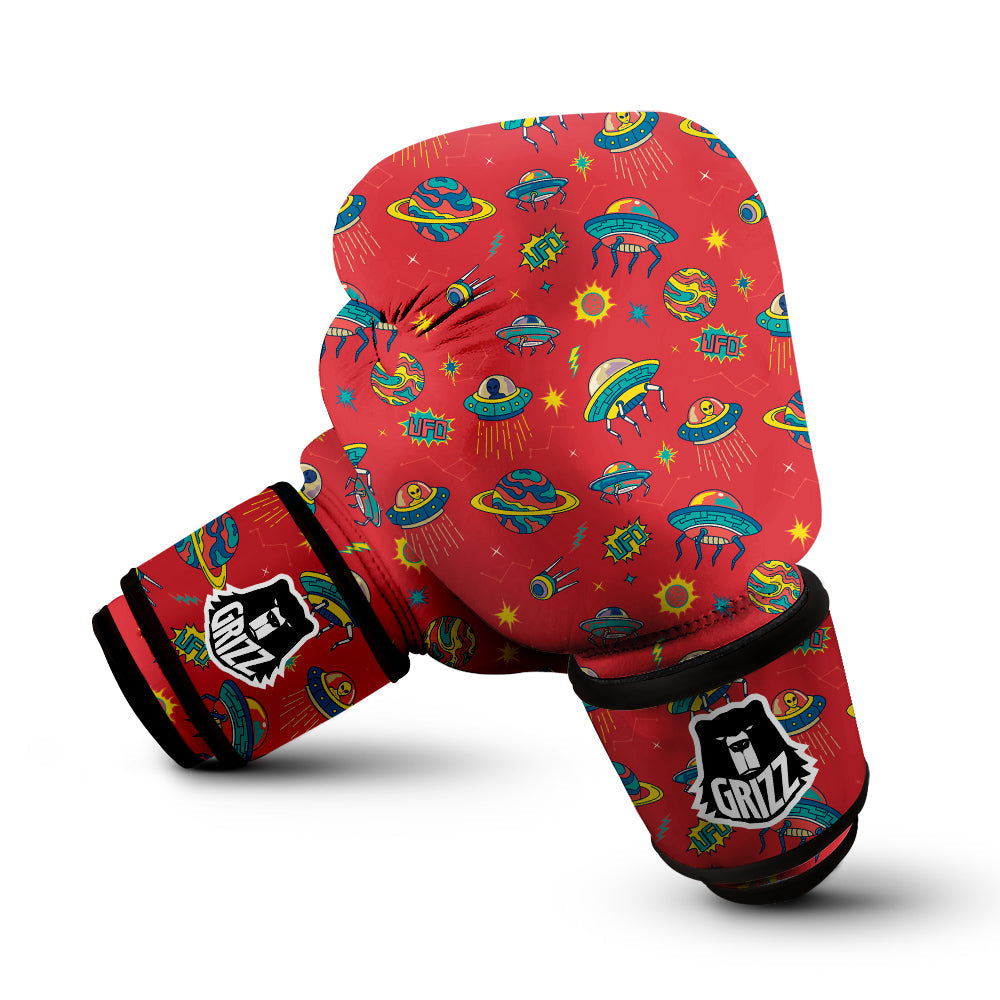 Red And Colorful UFO Print Pattern Boxing Gloves-grizzshop