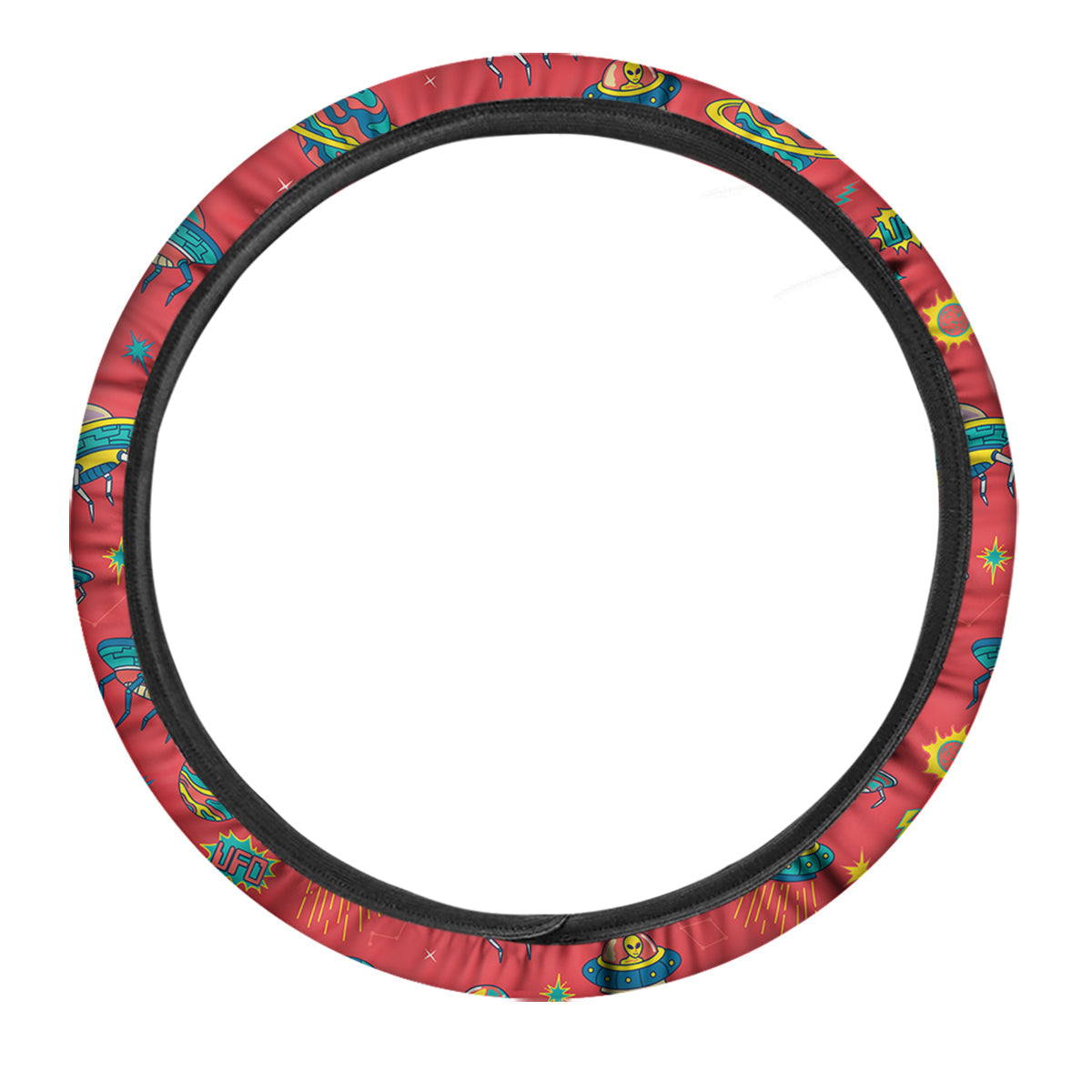 Red And Colorful UFO Print Pattern Car Steering Wheel Cover-grizzshop