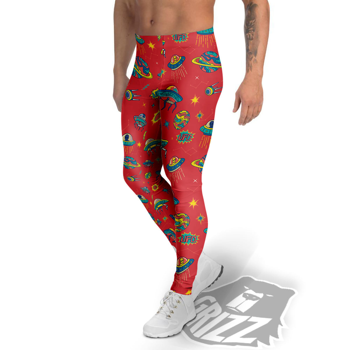 Red And Colorful UFO Print Pattern Men's Leggings-grizzshop