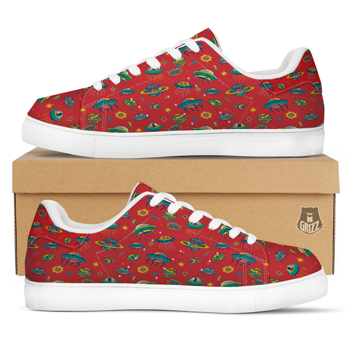 Red And Colorful UFO Print Pattern White Low Top Sneakers-grizzshop