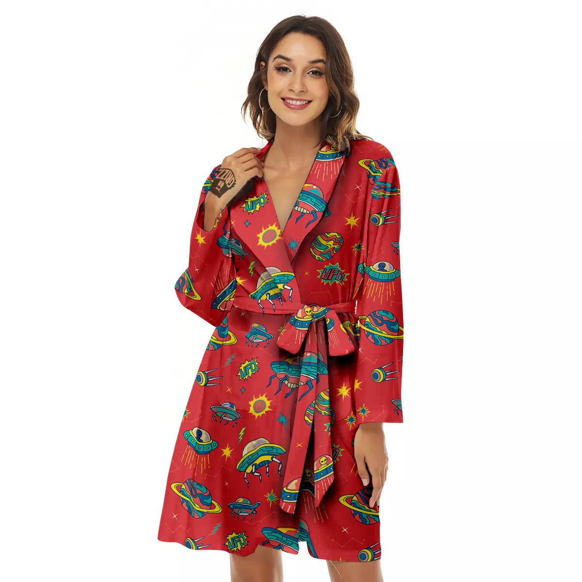 Red And Colorful UFO Print Pattern Women's Robe-grizzshop