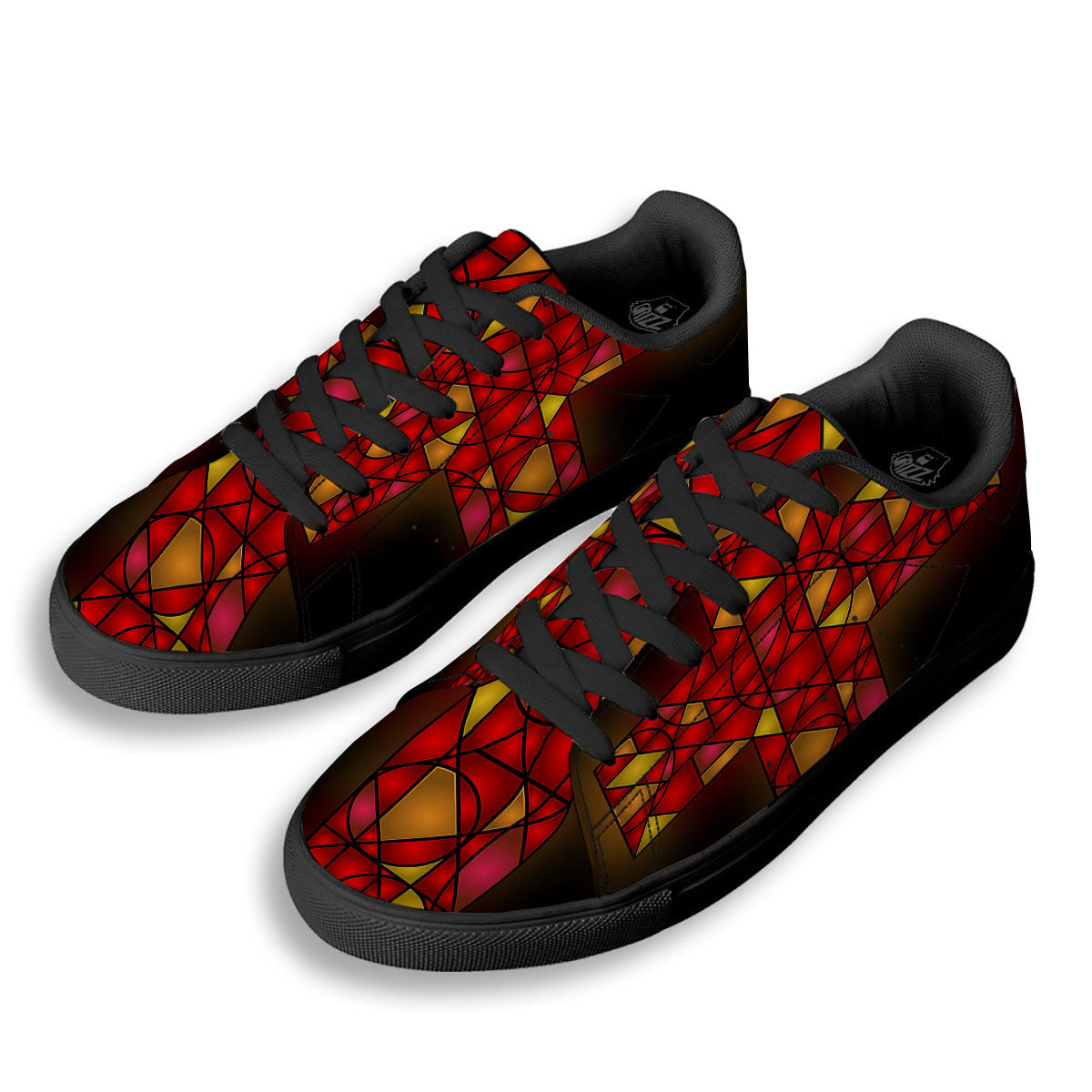 Red And Orange Cross Stained Glass Print Black Low Top Sneakers-grizzshop