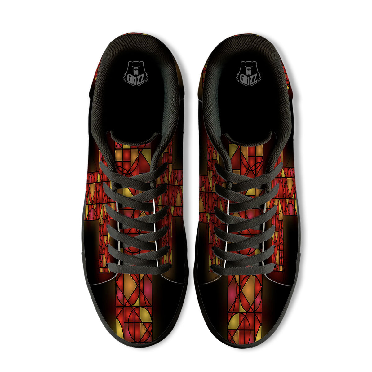 Red And Orange Cross Stained Glass Print Black Low Top Sneakers-grizzshop