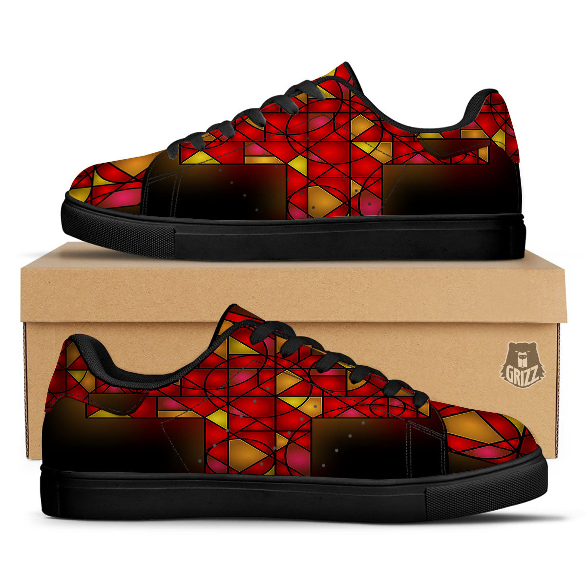 Red And Orange Cross Stained Glass Print Black Low Top Sneakers-grizzshop
